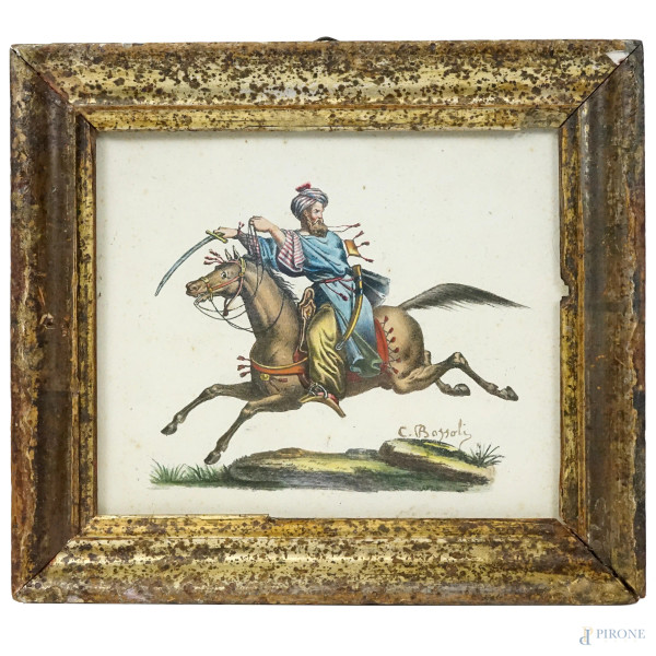 Cavaliere arabo, tempera su carta, cm 13x16, firmato, entro cornice.