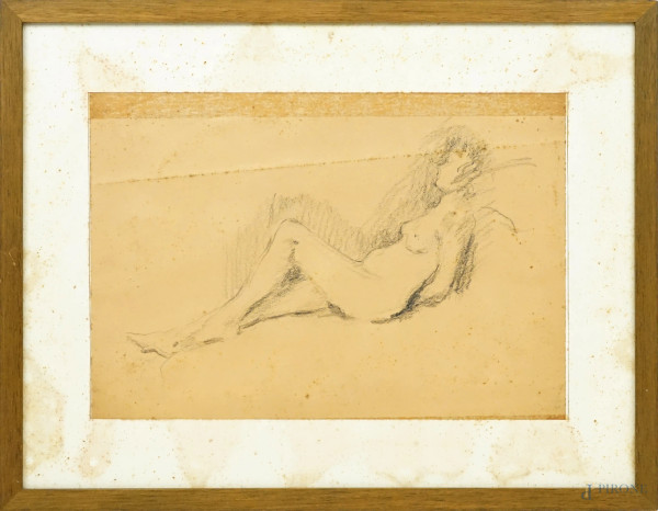 Nudo di donna distesa, disegno a matita su carta, cm 22,5x32,5 circa, XX secolo, entro cornice, (macchie e difetti sulla carta).