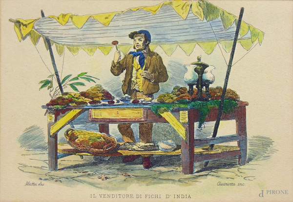 Pasquale Mattei (1813-1879), Scuola di Posillipo, Il venditore di fichi d’India, stampa acquarellata a mano, cm 17x24