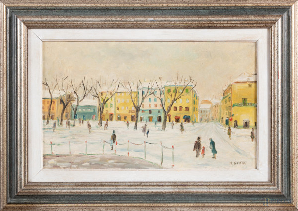Città innevata, XX secolo, olio su tela, cm 30x50, firmato in basso a destra, entro cornice, (lievi segni di usura)