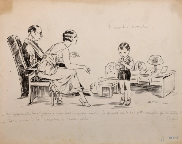 Luigi Bompard (1879 - 1953), I nostri bimbi, inchiostro su carta, firmato in basso a destra, cm 30x37 (lievi segni di usura del tempo)