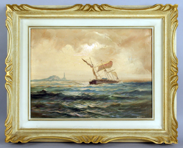 Marina con imbarcazione, olio su tela, cm. 30x40, firmato entro cornice.
