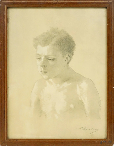 Nicolo Barabino - Fanciullo, disegno a tecnica mista su carta, cm 31,5x24, entro cornice.