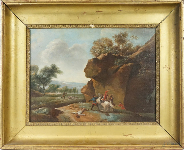 Pittore Francese, fine XVIII - inizio XIX Secolo, Paesaggio con briganti, olio su cartone telato, cm 28x38, entro cornice