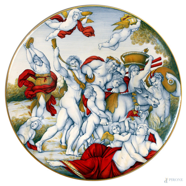 Piatto in ceramica Gualdo Tadino, raffigurante scena mitologica, firmato, diametro 51,5 cm.