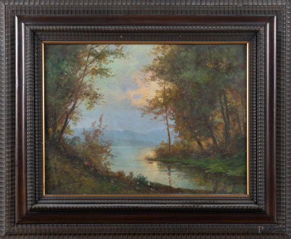 Paesaggio fluviale, XX secolo, olio su compensato, cm 45,5x60, firmato in basso a sinistra, entro cornice