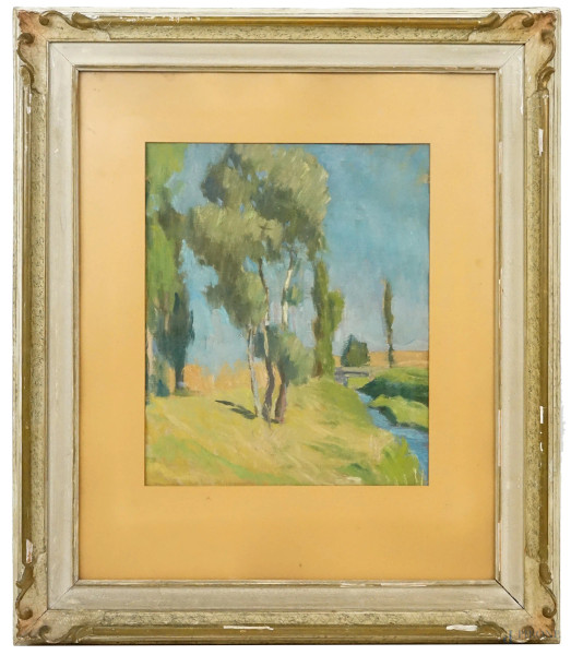 Paesaggio con alberi, olio su tela, cm 47x39,5, XX secolo, entro cornice, (mancante telaio)