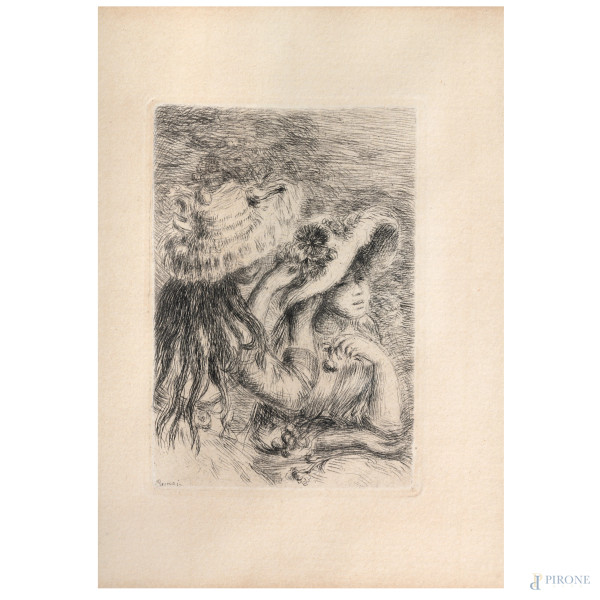 Auguste Renoir (1841-1919), "La figlia di Berthe Morisot con la cugina", acquaforte, cm 36x26 com...