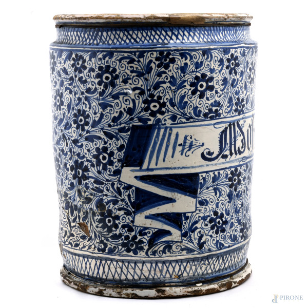 Vaso in ceramica da farmacia, XIX-XX secolo, altezza cm 35, (segni di usura, felature, rotture, r...