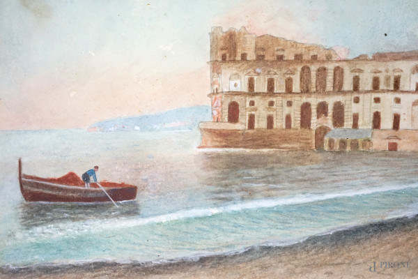 Lotto composto da cinque acquarelli su carta raffiguranti vedute del Golfo di Napoli e pescatori,...