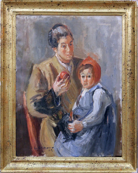 Luigi Crisconio - Donna con Bambino, olio su tela, cm. 61x45, entro cornice.