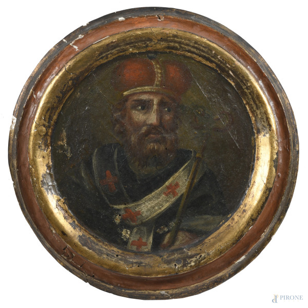 San Nicola, XIX secolo, olio su tavola a serto circolare, diametro cm 30, (segni di usura, fori di tarlo, cadute di colore, abrasioni, difetti)