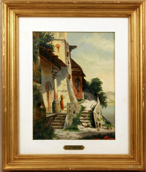 Esterno di villa con figura, olio su tela, cm. 26x20, firmato A. Cassioli, entro cornice.