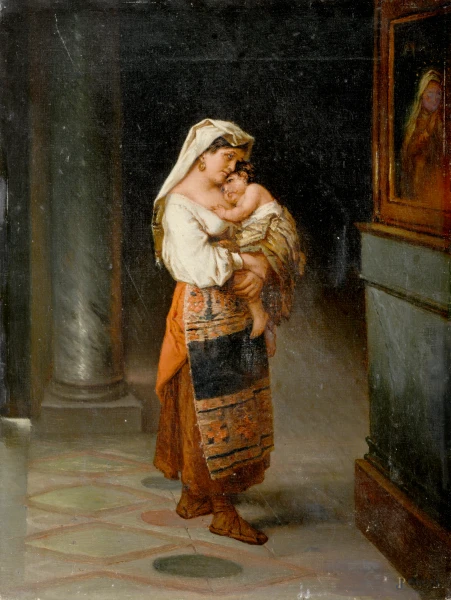Maternità, XIX secolo, olio su tela, cm 47,5x36, (difetti)
