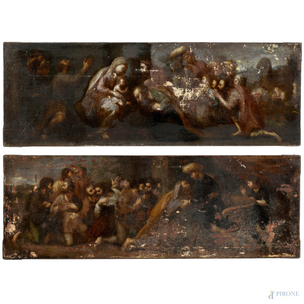 Coppia di dipinti raffiguranti episodi biblici, XVIII secolo, olio su tela, cm 28,5x81,5, (craquelure, cadute di colore, abrasioni, mancanze)