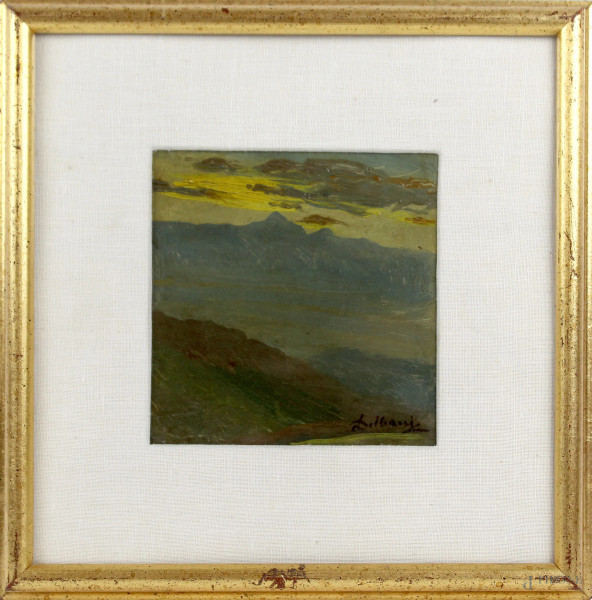 Paesaggio piemontese, olio su cartone, cm 13x12,5, firmato, entro cornice