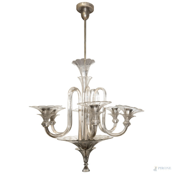 Lampadario in cristallo stile Barovier a sei luci, XX secolo, altezza cm 128x80 circa (segni di usura, da revisionare)