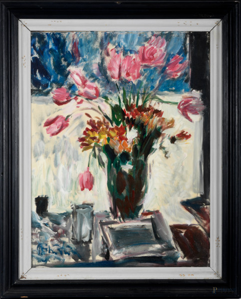 Vaso con fiori, olio su tela, cm 80x60, firmato in basso a sinistra, entro cornice