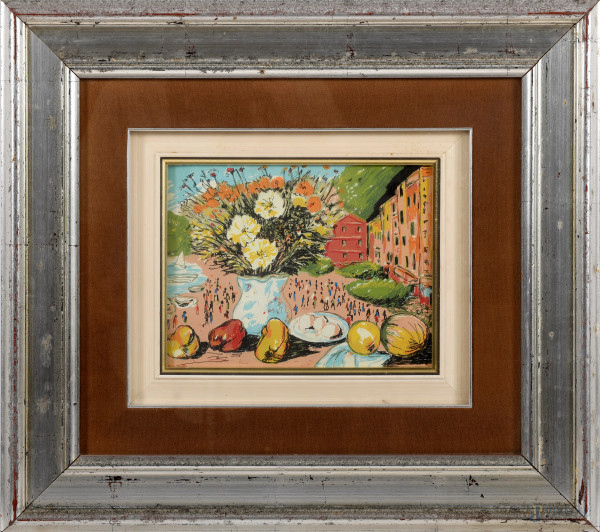 Michele Cascella - Omaggio a Portofino, multiplo retouchè su argento (P.A.), cm 20x26, entro cornice, (difetti)