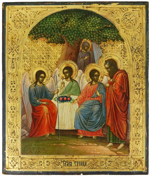 Icona raffigurante l'Ospitalità di Abramo e la Trinità, tempera su tavola e fondo oro, cm 31x26,5, XIX secolo, (difetti).