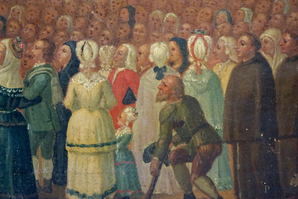 Pittore romano del XVIII secolo, La benedizione papale, olio su tela, cm 95x122 (difetti e cadute...