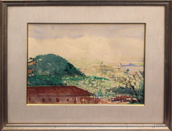 Scorcio di paese, acquarello firmato A. Ferretti, cm 39 x 29.