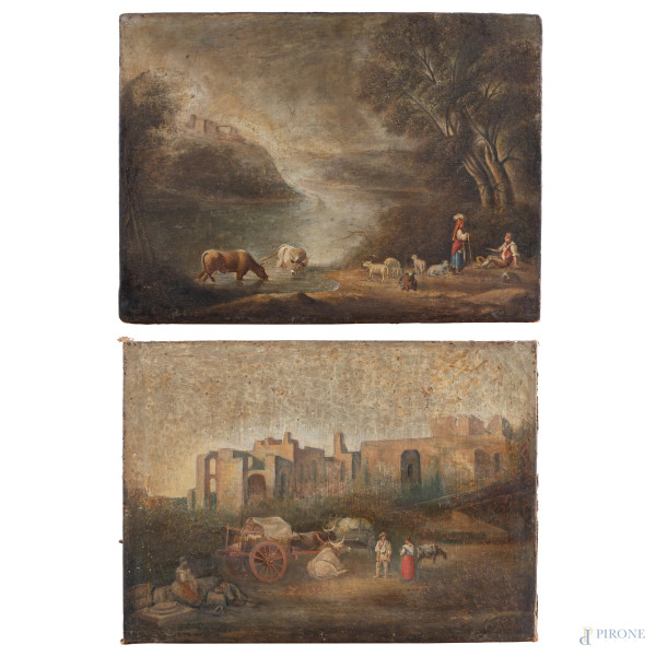 Coppia di dipinti raffiguranti paesaggi con figure e armenti, XIX-XX secolo, olio su tela, cm 45,5x62, (craquelure, segni di usura, sollevamenti e cadute di colore, ossidazioni, abrasioni, difetti)
