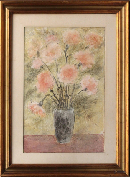 Vaso con fiori, olio su tela, cm 60x40, firmato, entro cornice.