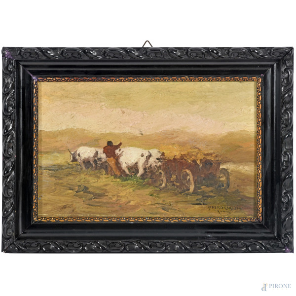 Carro con buoi, olio su cartone pressato, cm 26x41, firmato in basso a destra, entro cornice