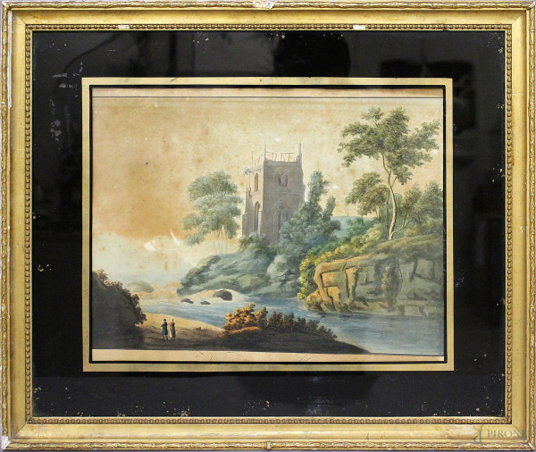 Paesaggio con rudere, fiume e figure, acquarello su carta 30x40 cm, entro cornice, XIX sec.