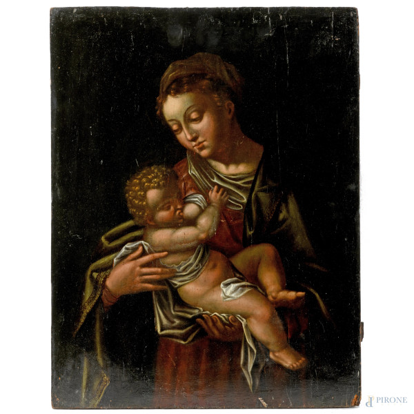 Madonna con bambino, XVII secolo, olio su tavola, cm 50x38,5, (difetti)