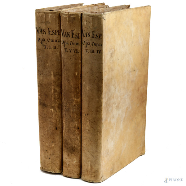 Zegeri Bernardi Van Espen […] Operum,  1732, (tre volumi che includono dal tomo 1 al tomo 6), (gore, difetti, strappi)