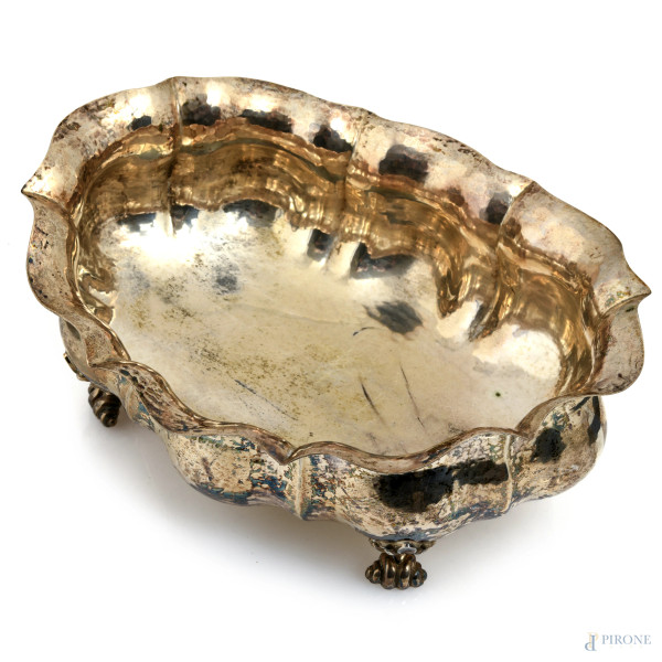 Centrotavola in argento 800/000 poggiante su quattro piedini, XX secolo, cm 10,5x25x19,5, peso gr...