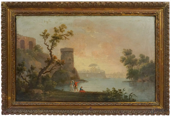 Pittore del XVIII secolo, Paesaggio fluviale con figure, olio su tela, cm 59,5x94, entro cornice