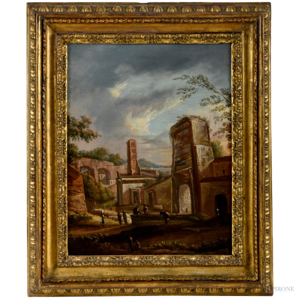 Vita a Roma, coppia di dipinti, XVIII-XIX secolo, olio su tela, cm 43,5x35, entro cornice, (difet...