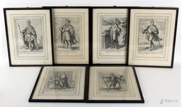 Lotto di sei incisioni raffiguranti cavalieri, da Filippo Bonanni (Roma, 1638-1725), Ordinum equestrium, et militarium catalogus […], cm 22x15, entro cornice