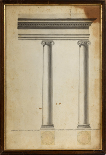 Stampa con alzata di colonne, XIX - XX secolo, cm 52x35, entro cornice, (difetti e rotture)