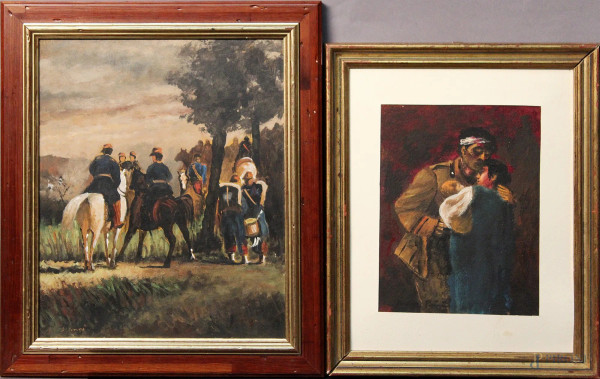 Lotto di due dipinti ad olio su tavola ed olio su cartone raffiguranti soldati e cavalieri, misura max 34x27 in cornici firmati