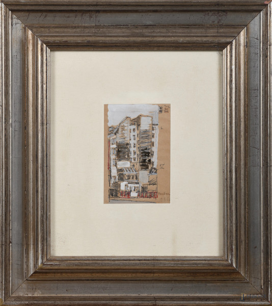 Orfeo Tamburi (1910 – 1994) , Scorcio di città, tecnica mista su carta, cm 13x8, entro cornice, (segni di usura, tracce di umidità)