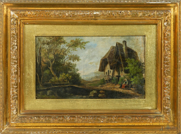 Pittore inglese del XIX secolo, Paesaggio con casa, olio applicato su cartoncino, cm 13,7x23,3, entro cornice