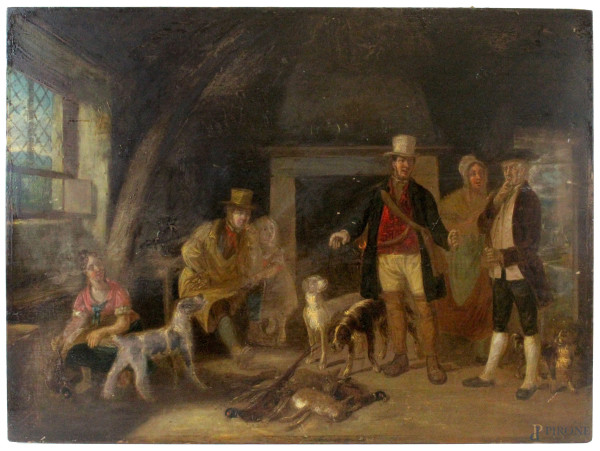 Pittore fiammingo del XIX secolo, Interno con cacciatori, olio su tavola, 45,5x61.