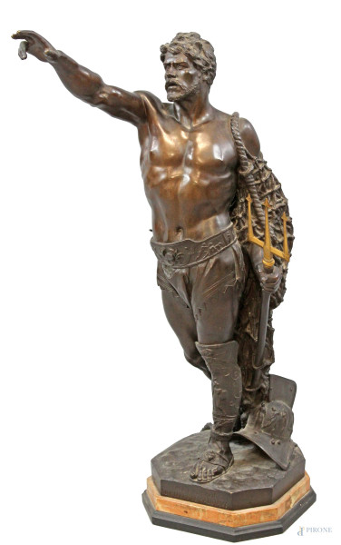 Ave Caesar morituri te salutant, scultura in bronzo a patina scura, cm h 66,5, su base in marmo, (forcone da saldare)