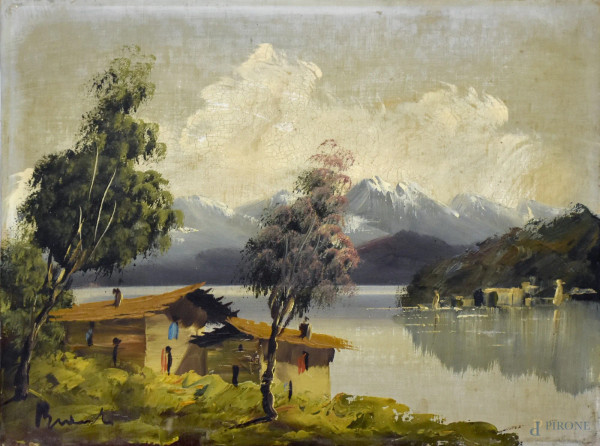 Artista del Novecento, Paesaggio con case in riva al lago, olio su tela, cm 30x40, firmato, fine anni &#39;50.
