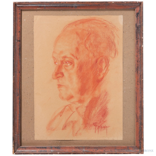 Ritratto virile, XX secolo, sanguigna su carta, cm 35,5x25, firmato, entro cornice