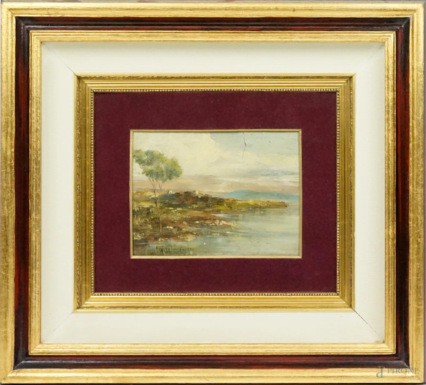 Scorcio costiero, olio su cartone, cm 24x29, firmato, entro cornice, (difetti)