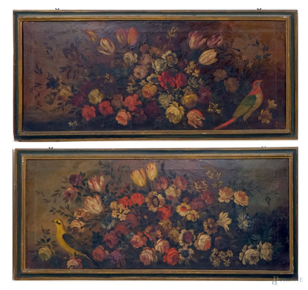 Coppia di nature morte con volatili, olio su tela, cm 120,5x51,5, inizi XIX secolo, entro cornici, (difetti alla tela).