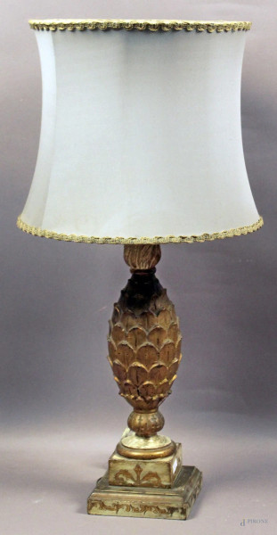 Lampada da tavolo a forma di palma in legno laccato e dorato, primi 900, h. 81 cm.