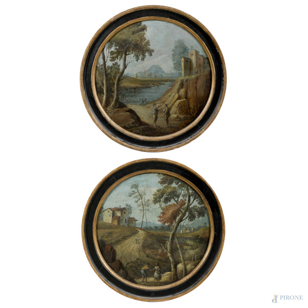 Coppia di paesaggi con figure, XIX-XX secolo, olio su tela applicata su compensato a serto circolare, diametro cm 33, entro cornice, (segni di usura, abrasioni, craquelure, piccole cadute di colore)
