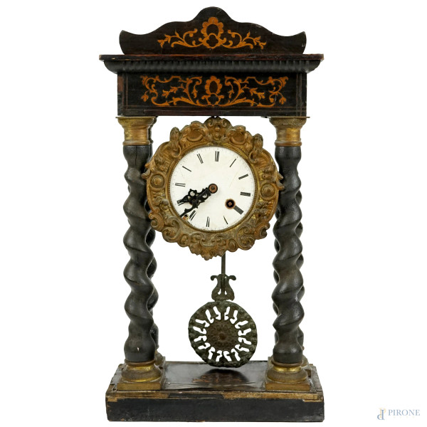 Pendola a tempietto Napoleone III in legno ebanizzato, metà XIX seoclo,