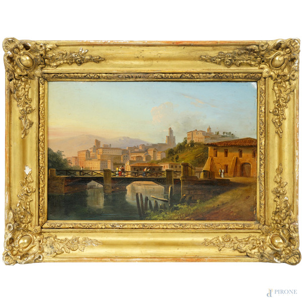 Scuola italiana della fine del XIX secolo, Veduta di città con ponte, olio su cartoncino, entro cornice, cm 30x20,2